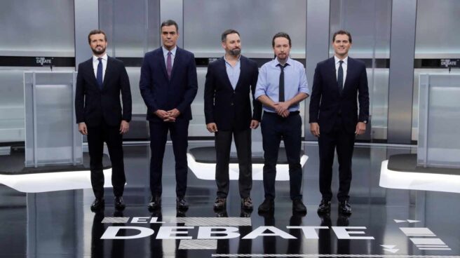 Debate en televisión: Casado, Sánchez, Abascal, Iglesias y Rivera.