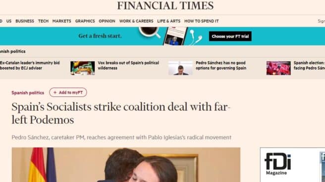 Financial Times con la noticia del acuerdo entre Sánchez e Iglesias.