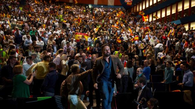El secretario general de Vox, Santiago Abascal, durante el acto público celebrado esta mañana en Santander.