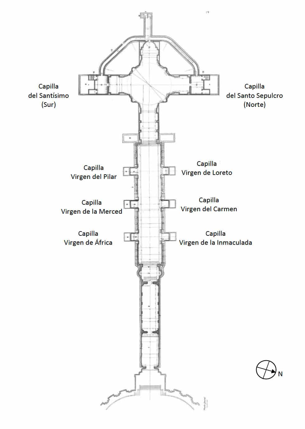Planta de la basílica del Valle de los Caídos, con la ubicación de las criptas en las que se hallan los osarios. 