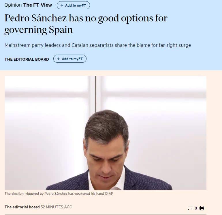 Duro editorial del Financial Times contra Pedro Sánchez: "Ha empeorado la situación"