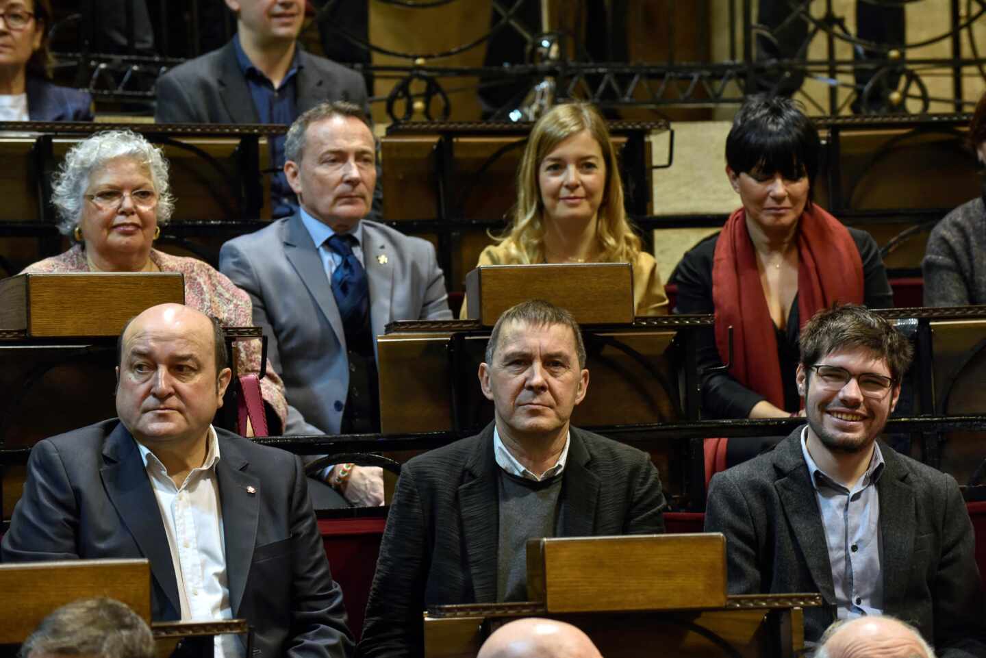 Andoni Ortuzar, Arnaldo Otegi y Lander Martínez, durante un homenaje a los lehendakaris del Gobierno vasco en el exilio.