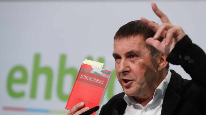 Arnaldo Otegi muestra un ejemplar del 'Plan Ibarretxe' durante una comparecencia ante los medios.