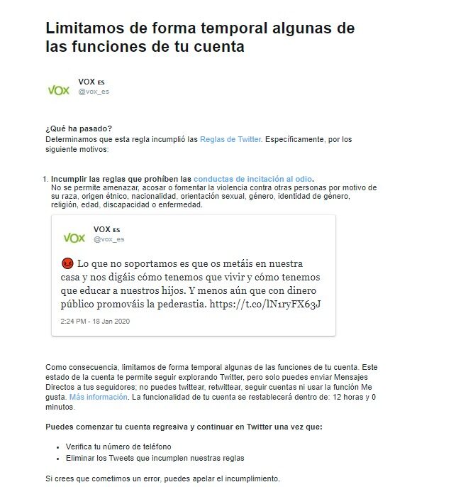Vox se querella contra Twitter por mantener su cuenta silenciada desde hace 17 días