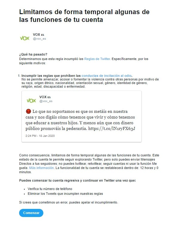 Vox se querella contra Twitter por mantener su cuenta silenciada desde hace 17 días