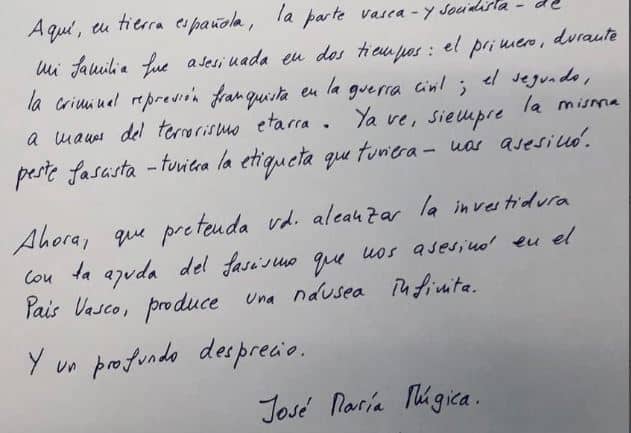 Múgica a Sánchez: "Será investido con la ayuda del fascismo que nos asesinó"