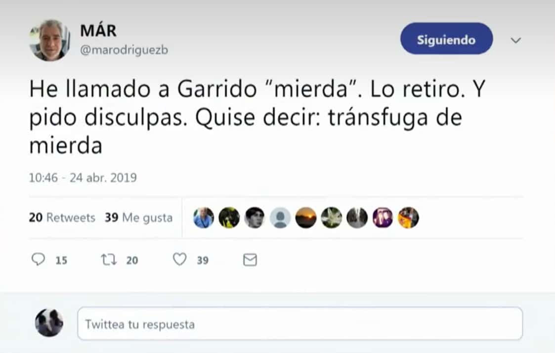 Tweet de Miguel Ángel Rodríguez llamando "Tránsfuga de mierda" a Ángel Garrido