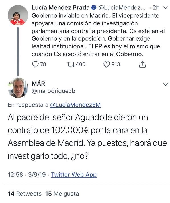 Tweet de Miguel Ángel Rodríguez respondiendo a Lucía Méndez Prada
