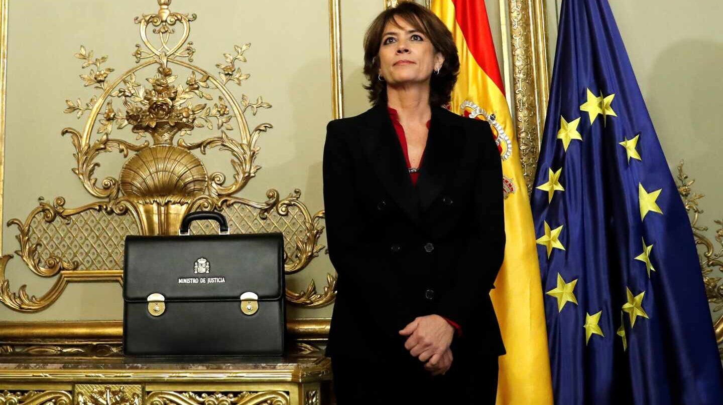 La exministra de Justicia Dolores Delgado durante el acto de traspaso de cartera a su sucesor en el cargo, Juan Carlos Campo.