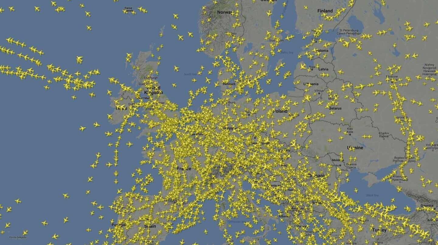 Mapa de localización de vuelos en Europa.