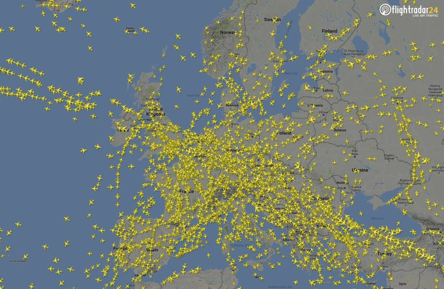 Mapa de localización de vuelos en Europa.