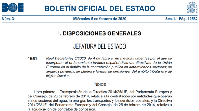Real Decreto-Ley, publicado este miércoles por el BOE, donde se transponen varias directivas europeas al ordenamiento jurídico español.