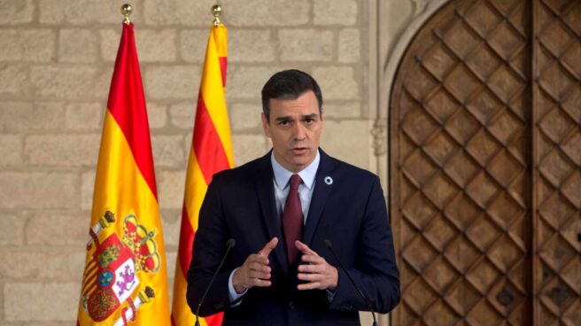 Pedro Sánchez, en rueda de prensa en el Palau de la Generalitat.