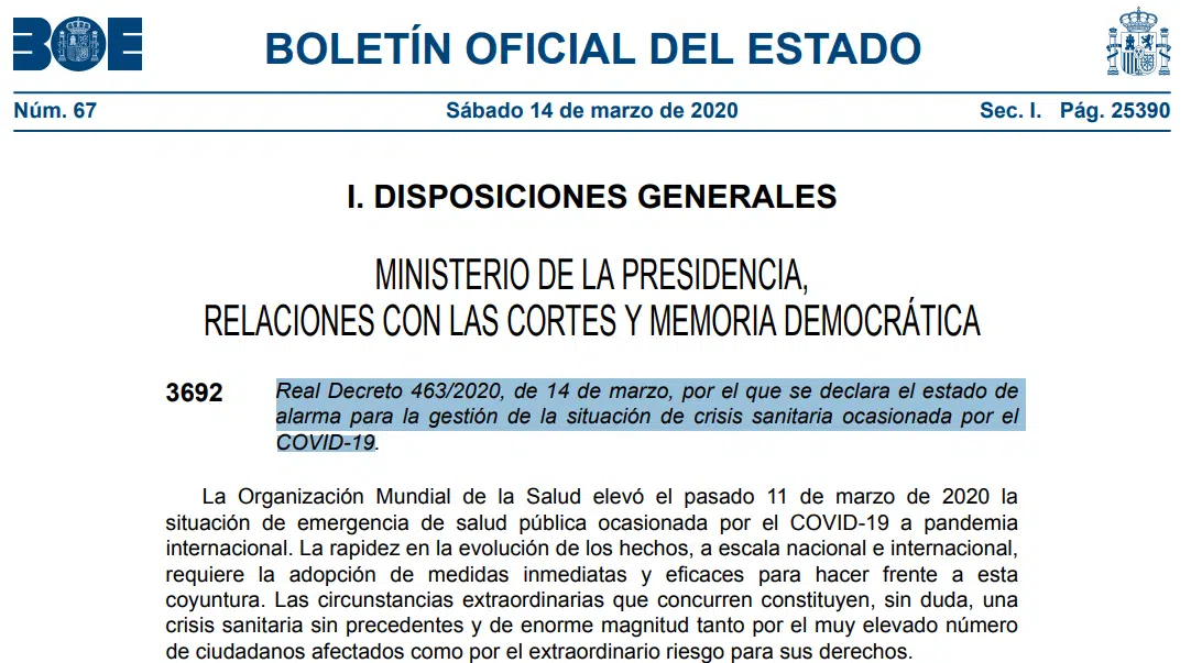 Lea el texto completo del Real Decreto que declara el estado de alarma en España