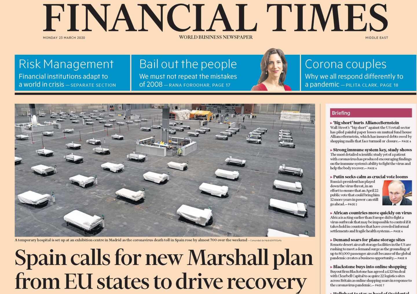 Portada de la edición del Financial Times de este lunes: España clama por un nuevo Plan Marshall.