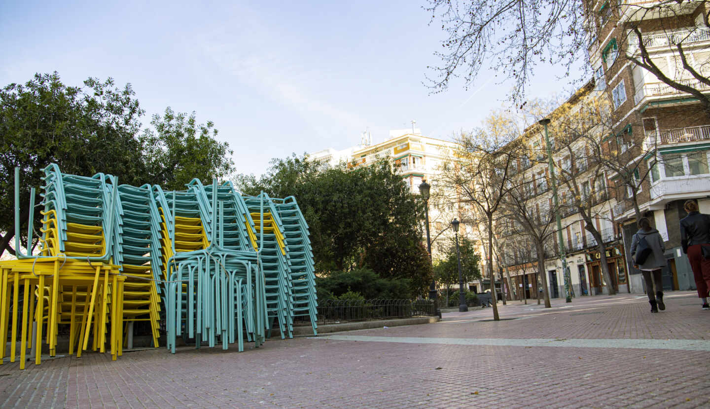 Imagen de hoy en la Plaza de Olavide, uno de los lugares con más terrazas de Madrid