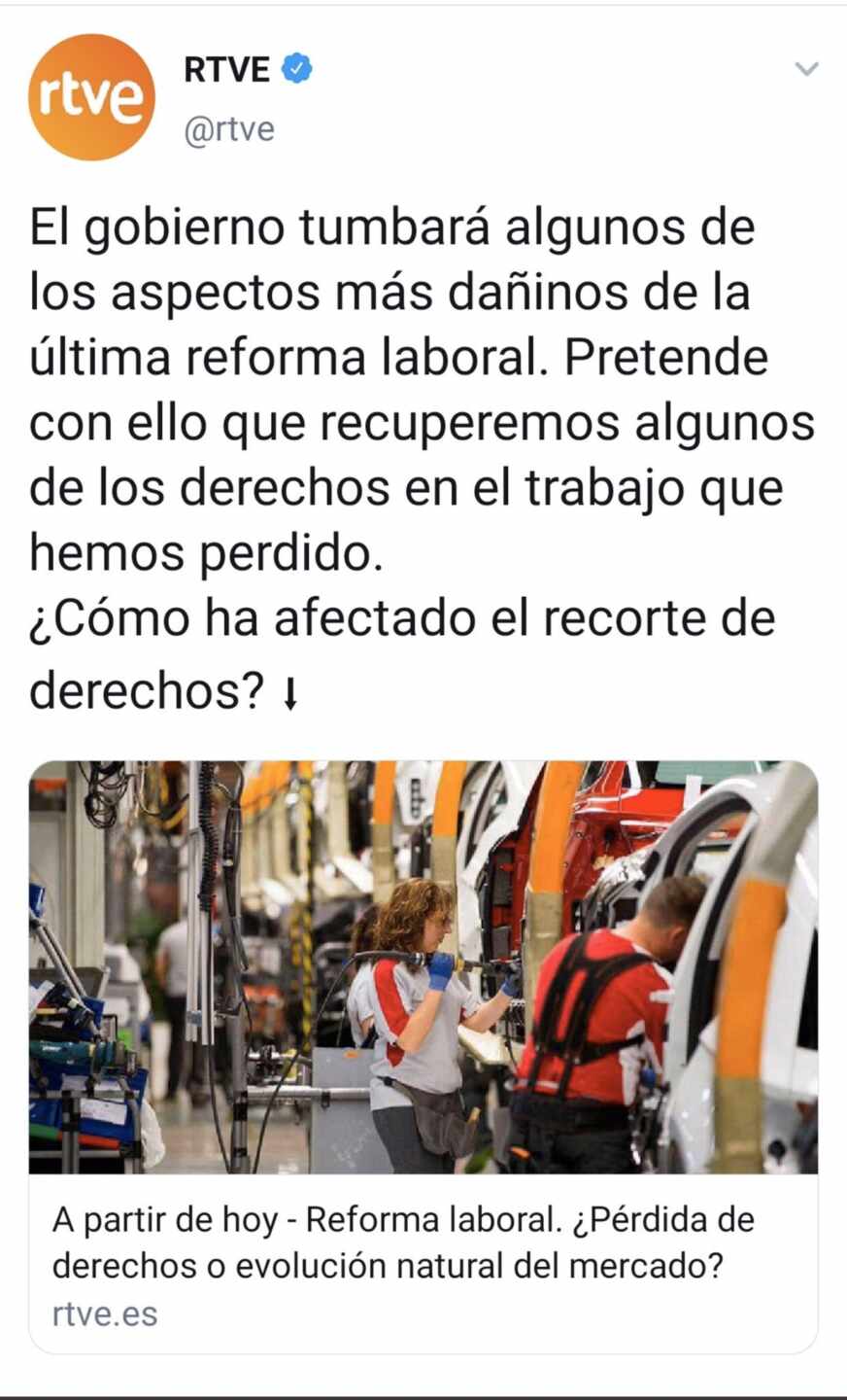 RTVE publica un tuit criticando la antigua reforma laboral y lo borra inmediatamente