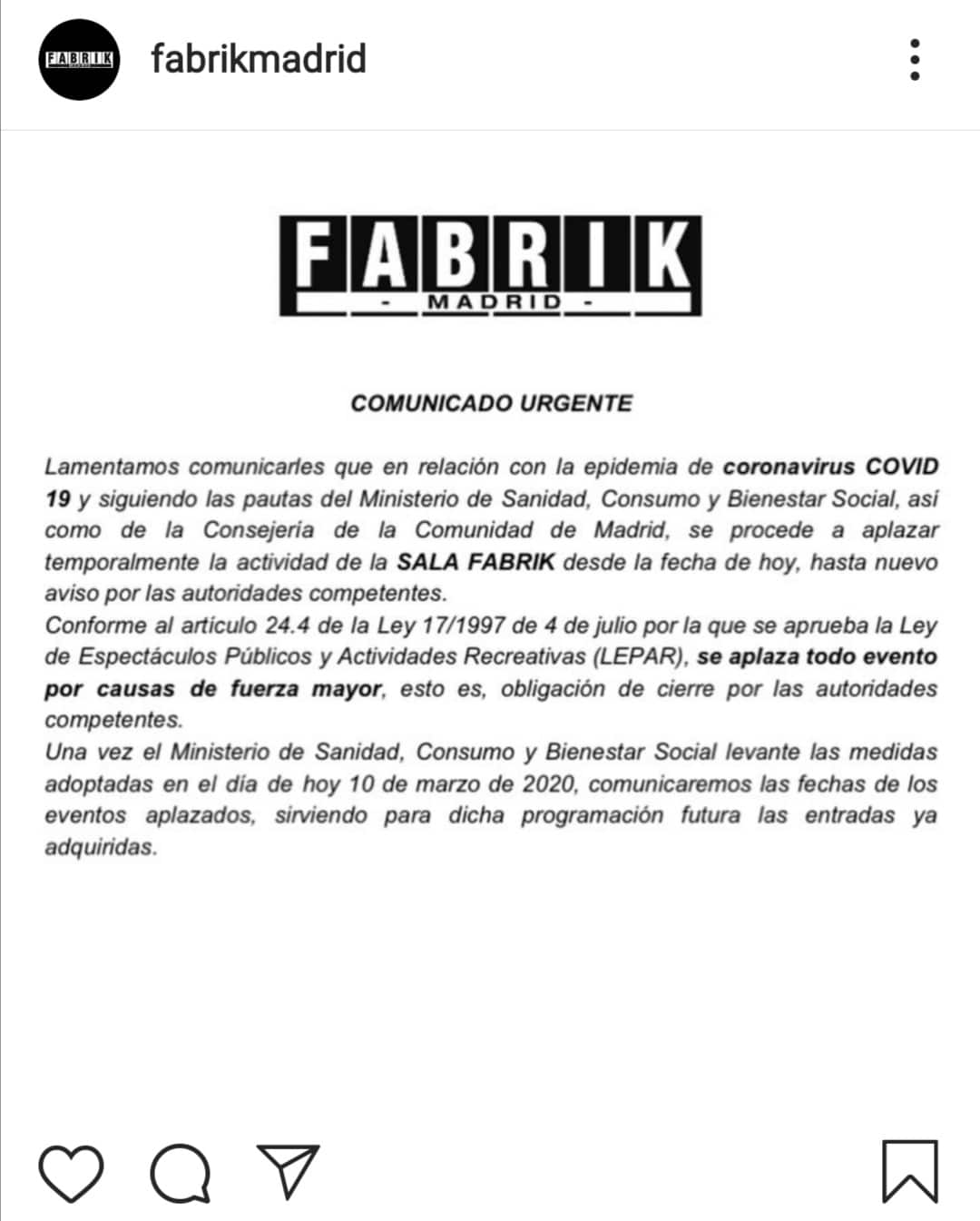 Fabrik cierra sus puertas a causa del coronavirus