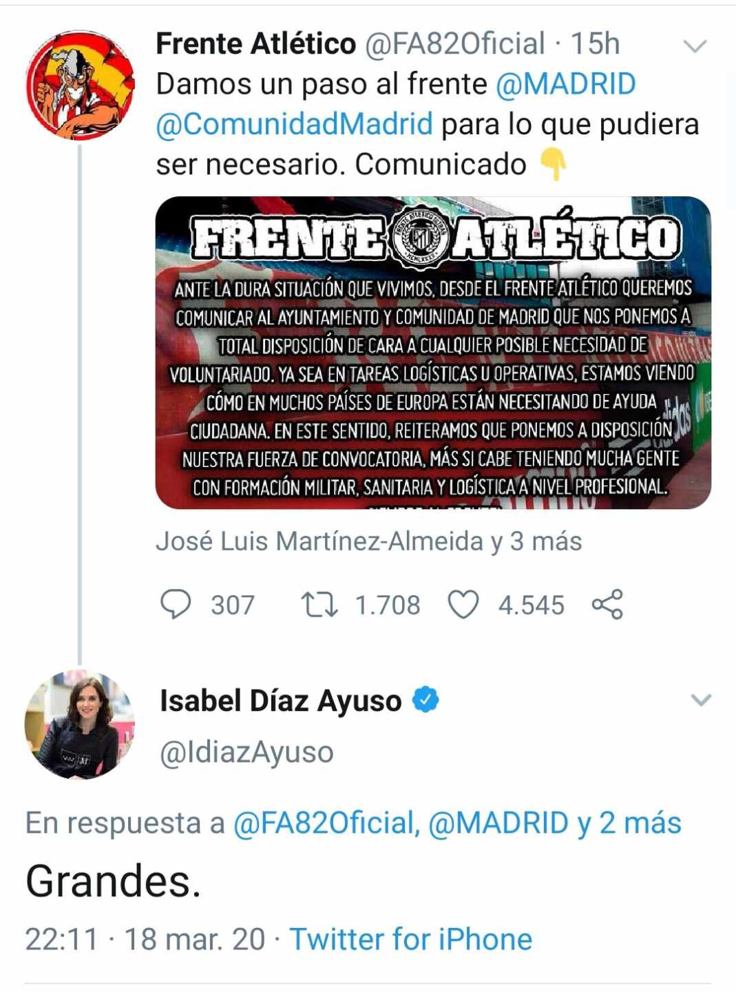 Críticas en las redes a Ayuso por su apoyo al Frente Atlético