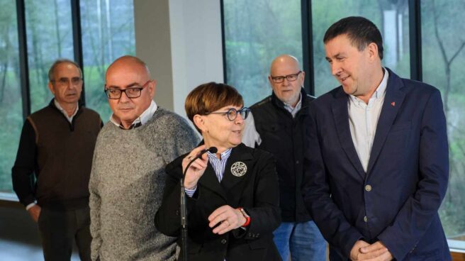 Javier Madrazo, Gema Zabaleta y Arnaldo Otegi durante la presentación del comunicado de apoyo a EH Bildu.