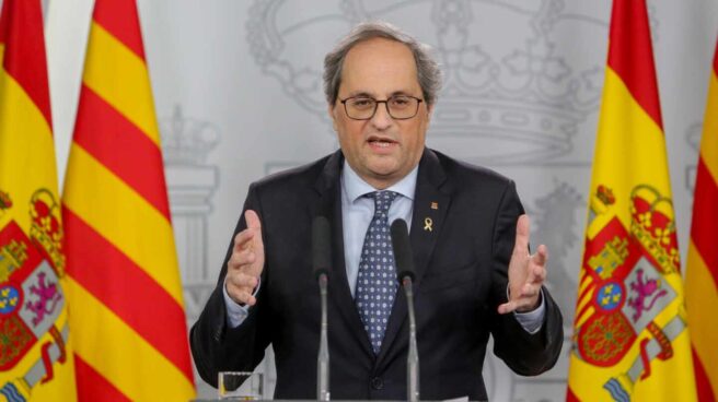 El president de la Generalitat, Quim Torra, en la rueda de prensa tras la primera reunión de la mesa de diálogo, en la Moncloa.