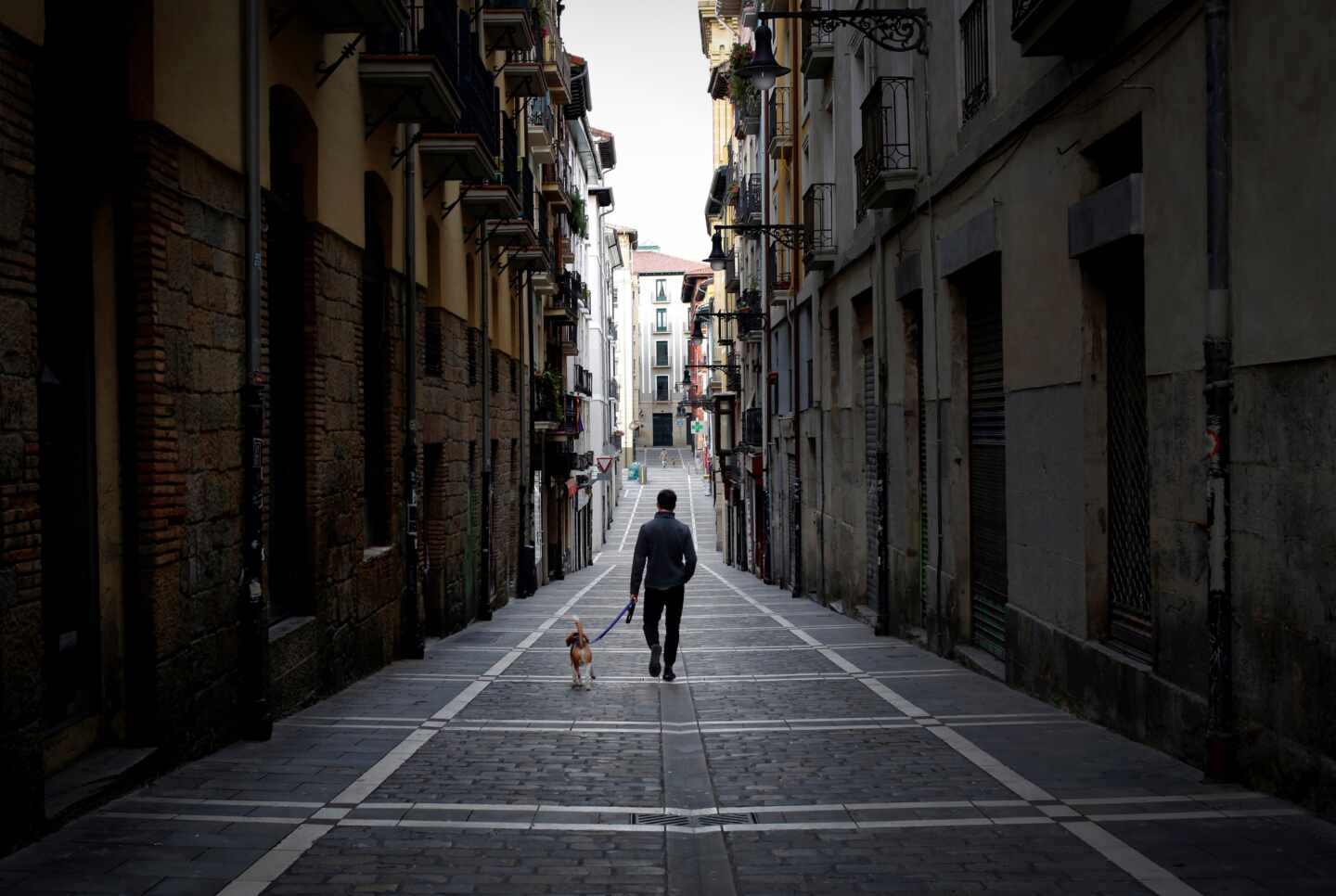 Un hombre pasea a un perro en Pamplona durante el confinamiento