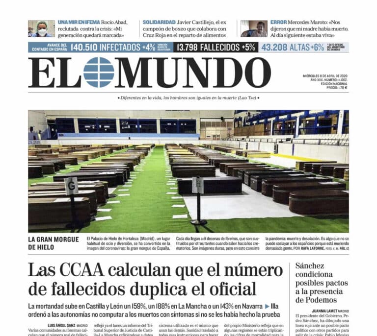 'El Mundo' publica la foto de los féretros en la morgue del Palacio de Hielo de Madrid