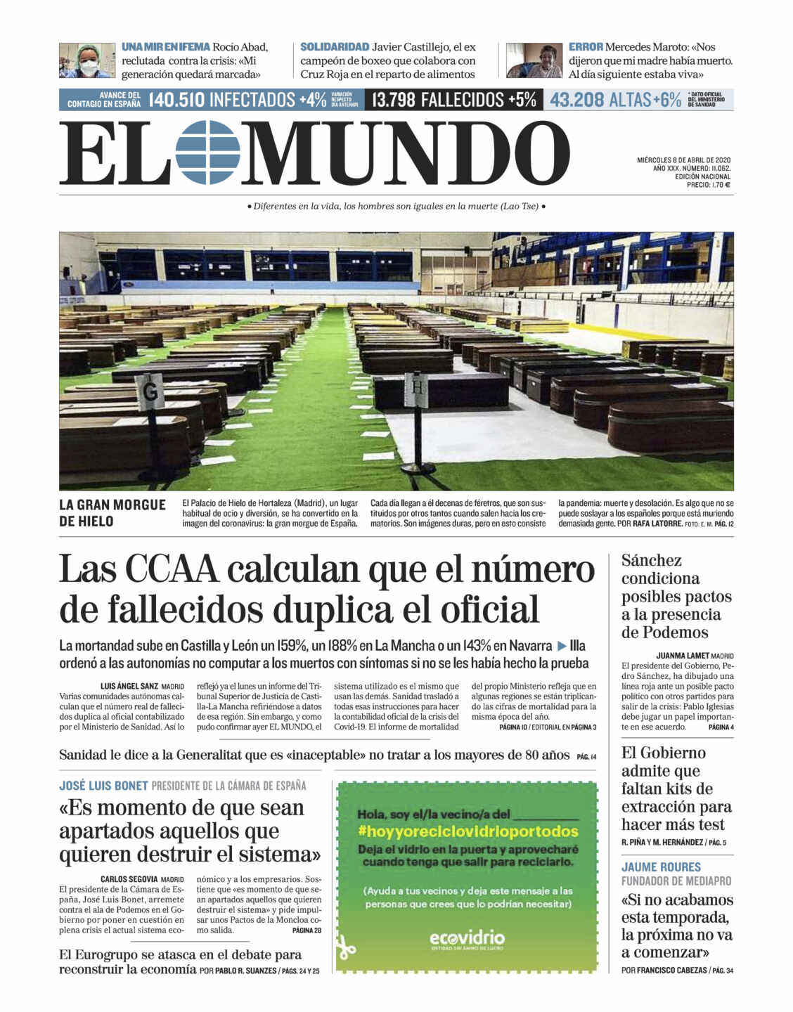'El Mundo' publica la foto de los féretros en la morgue del Palacio de Hielo de Madrid