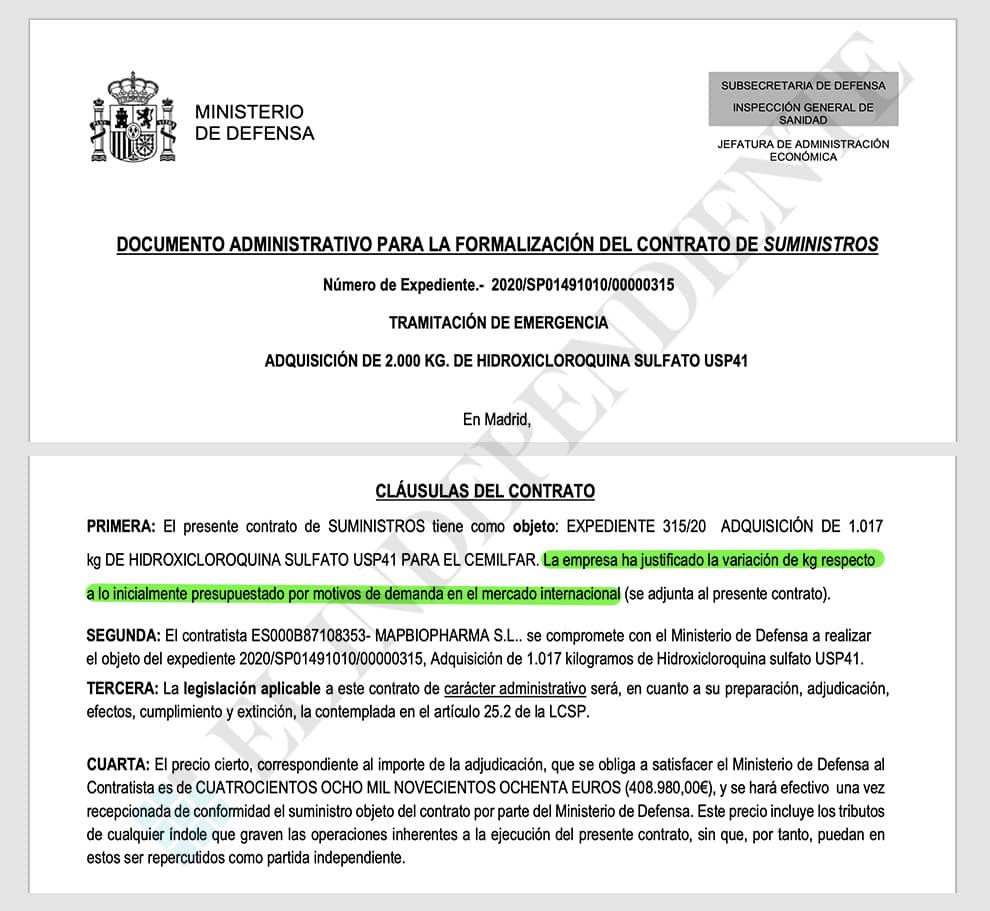 Documento administrativo para la formalización del contrato de suministros, tramitación de emergencia, del Ministerio de Defensa, Jefatura de administración económica