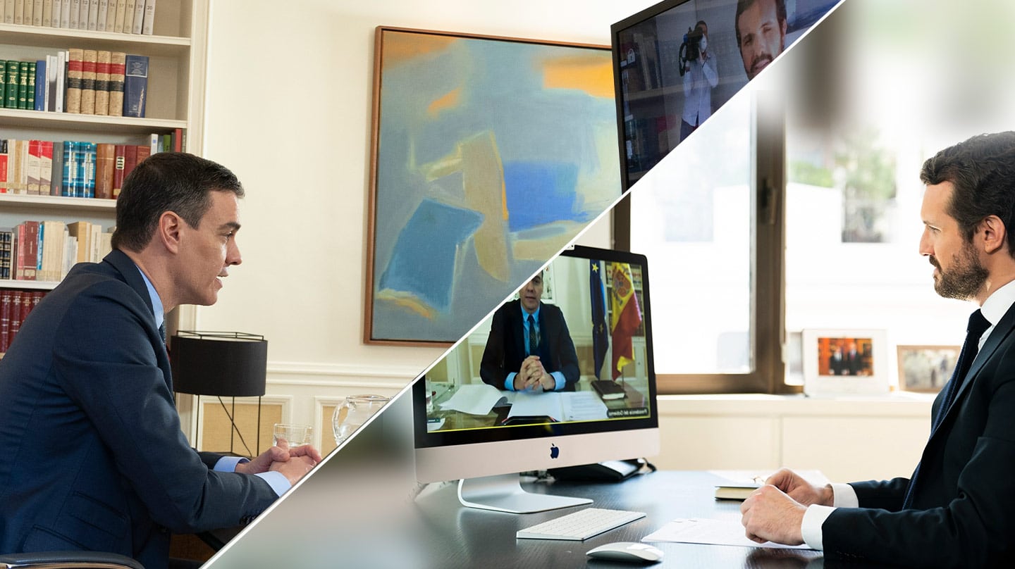 Reunión por videoconferencia entre el presidente del Gobierno, Pedro Sánchez, y el líder del PP, Pablo Casado