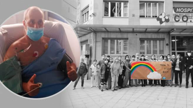 La batalla de un policía contra el virus: "Quise llamar a mi familia para decirle adiós; tenía claro que me moría" Juan Molina durante la estancia en la UCI. A la derecha, homenaje al personal sanitario a las puertas del hospital en el que ha estado ingresado.