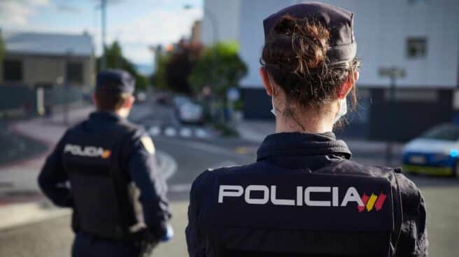 Una pareja de policías nacionale, en un control de tráfico durante el confinamiento.