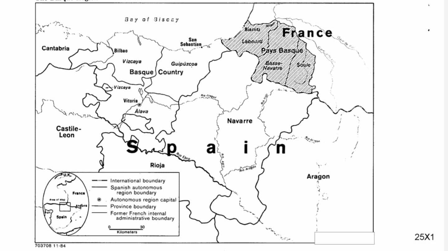 Mapa de Euskadi, Navarra y el País Vasco francés incluido en el informe de la CIA.