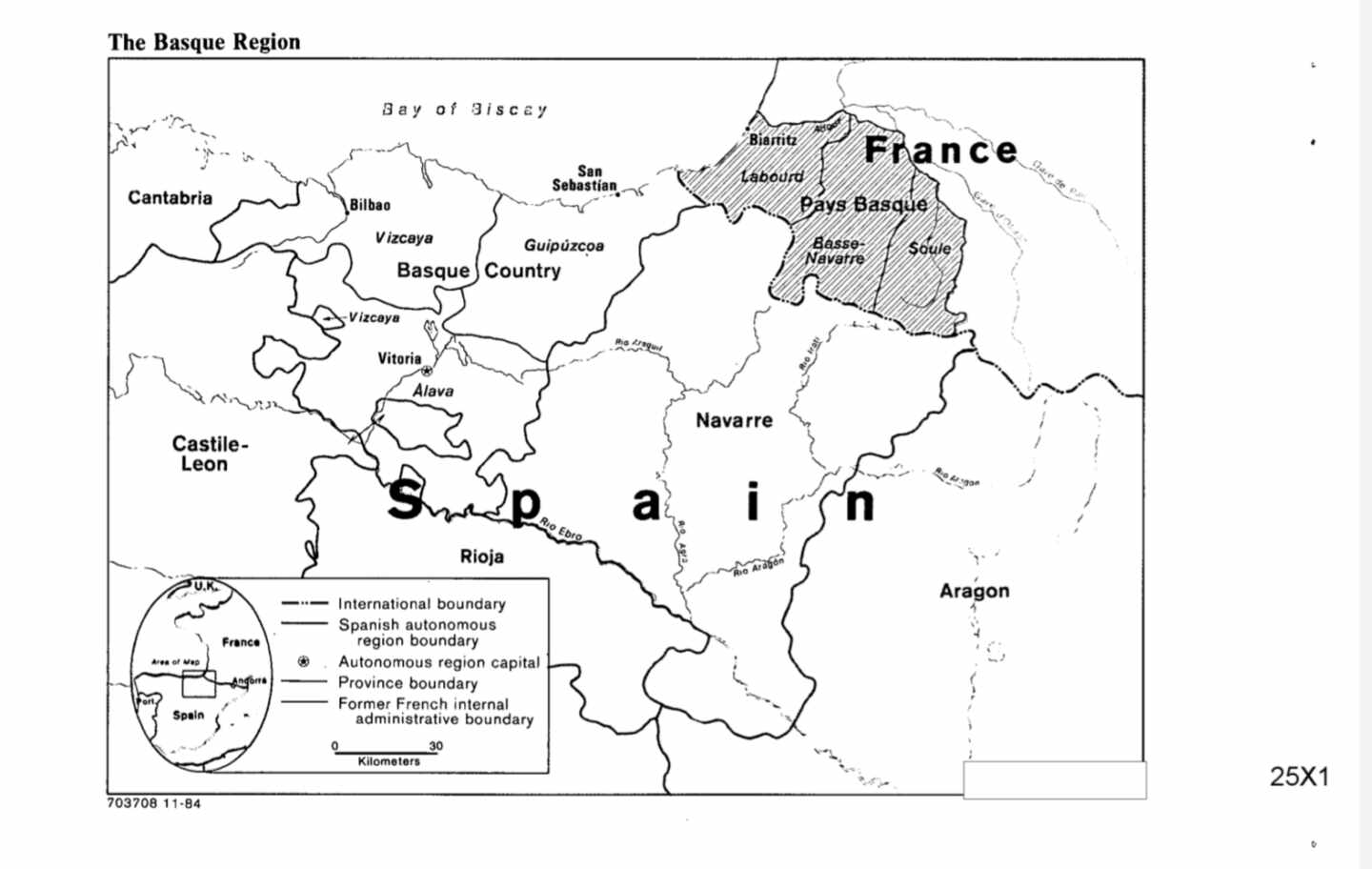 Mapa de Euskadi, Navarra y el País Vasco francés incluido en el informe de la CIA.