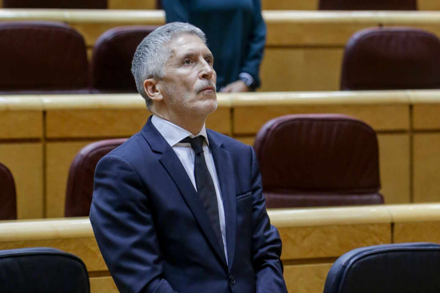El ministro del Interior, Fernando Grande-Marlaska, guardando un minuto de silencio al inicio del pleno del Senado este martes.