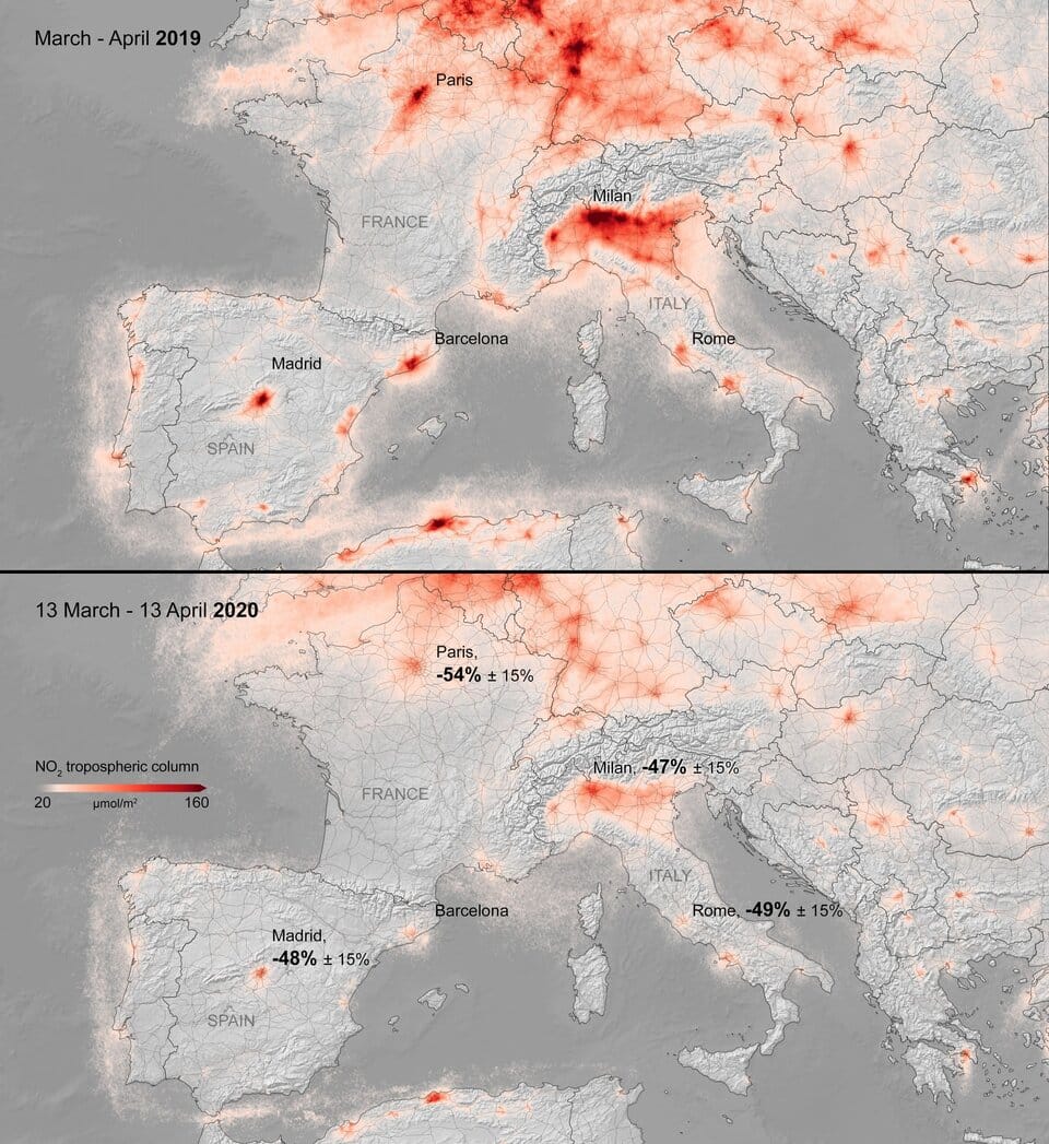 Concentraciones de dióxido de nitrógeno en Europa, vistas desde el satétile Copernicus Sentinel-5P. 