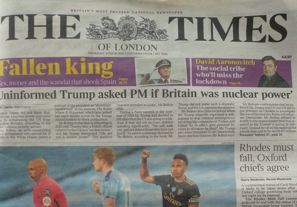 'The Times' lleva a su portada a Juan Carlos, "el rey caído", en el aniversario de su abdicación