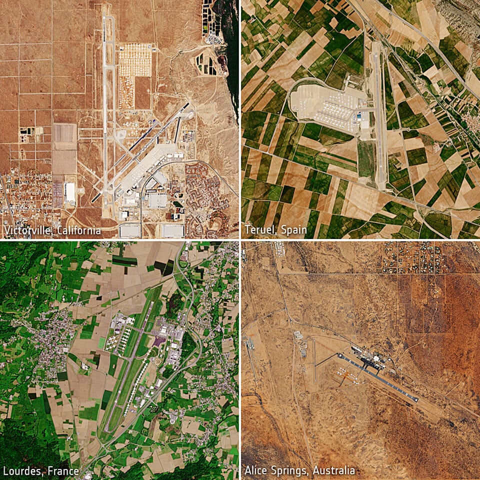 Aviones aparcados en Victorville (en California), Teruel (España), Lourdes (Francia) y Alice Srpings (en Australia)