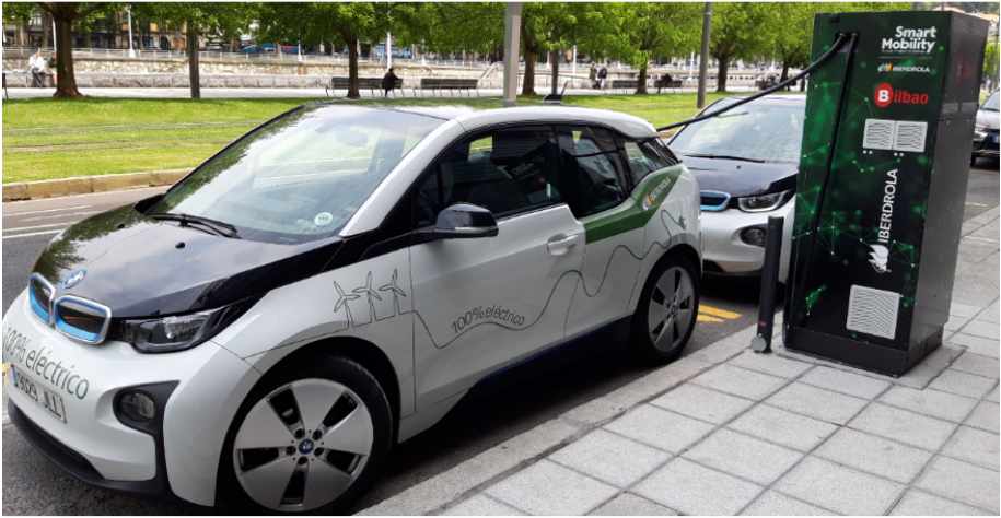 Un coche eléctrico en un punto de recarga.