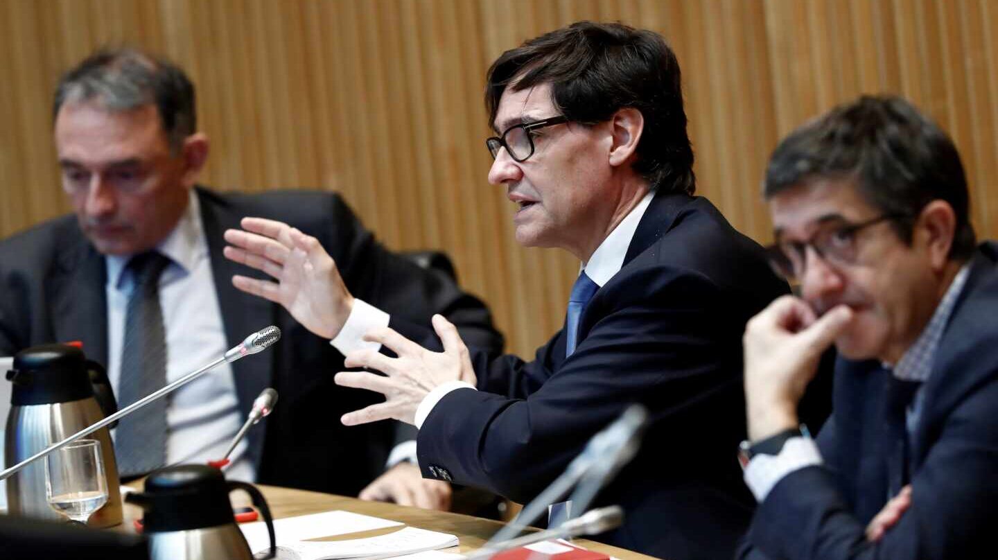Patxi López, Salvador Illa y Enrique Santiago, en la comisión de reconstrucción del Congreso.