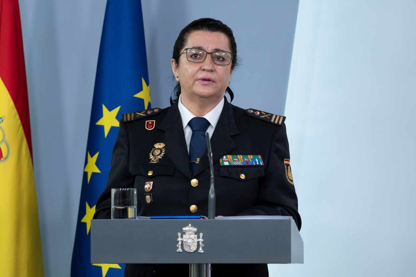 La comisaria principal Pilar Allué, en una comparecencia informativa en La Moncloa.