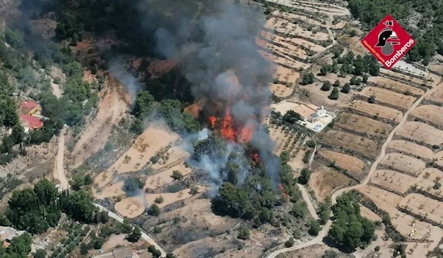 Una treintena de medios aéreos y terrestres luchan contra un incendio forestal en Monòver (Alicante)