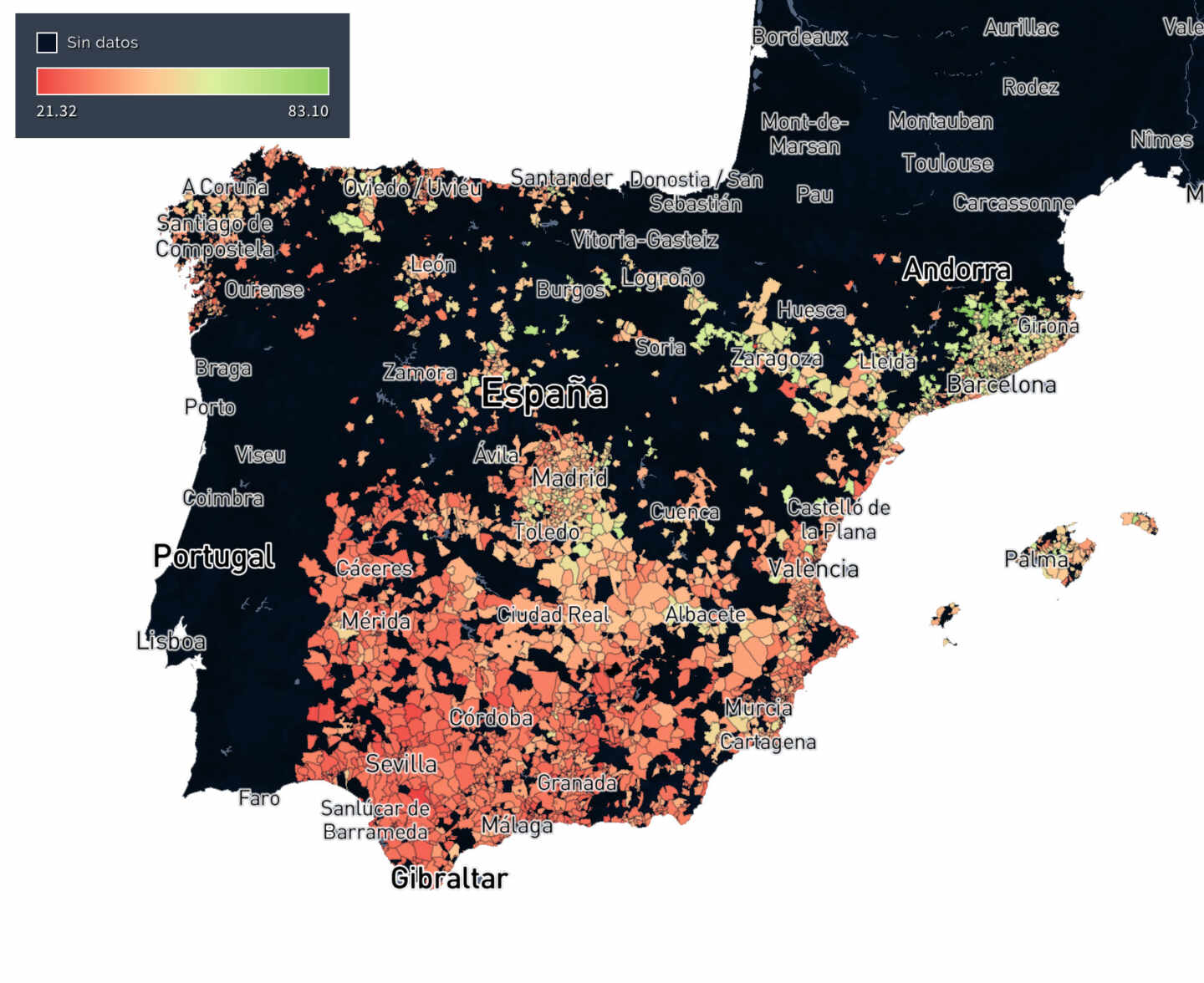 Mapa de España en el que se muestra la mejora en el percentil de renta de los hijos respecto a los hogares más pobres.