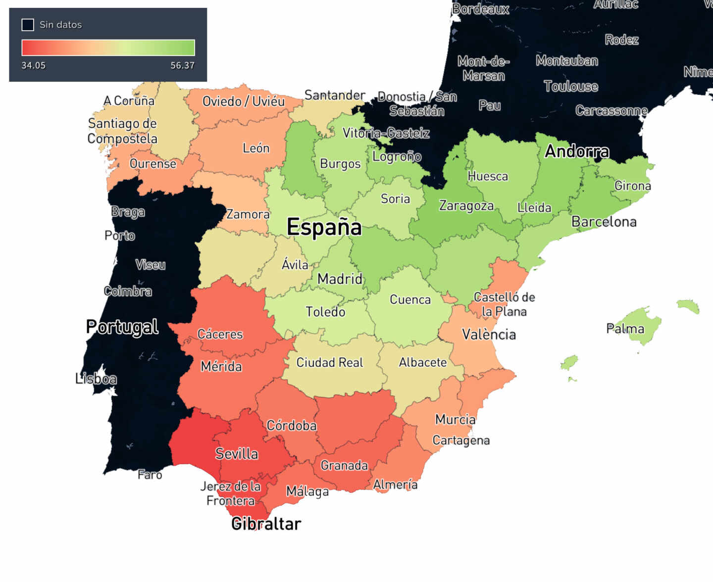 Mapa de España en el que se muestra la mejora en el percentil de renta de los hijos respecto a los hogares más pobres.