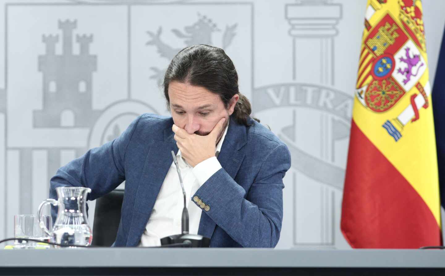 El vicepresidente segundo del Gobierno, Pablo Iglesias, en una comparecencia informativa en La Moncloa.