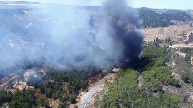 Más de cien efectivos y 19 aeronaves luchan contra el incendio de Almonaster la Real (Huelva)