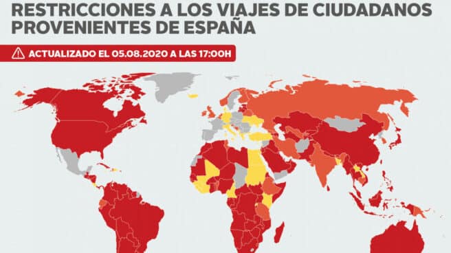 Mapa del Ministerio de Exteriores que muestran las restricciones impuestas en los países