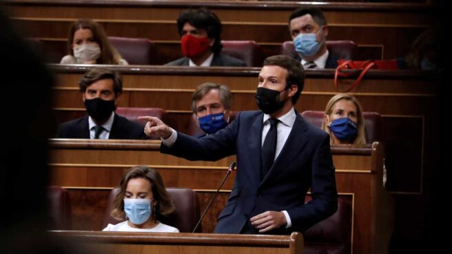 El líder del PP, Pablo Casado, durante su intervención en la sesión de control al Gobierno.