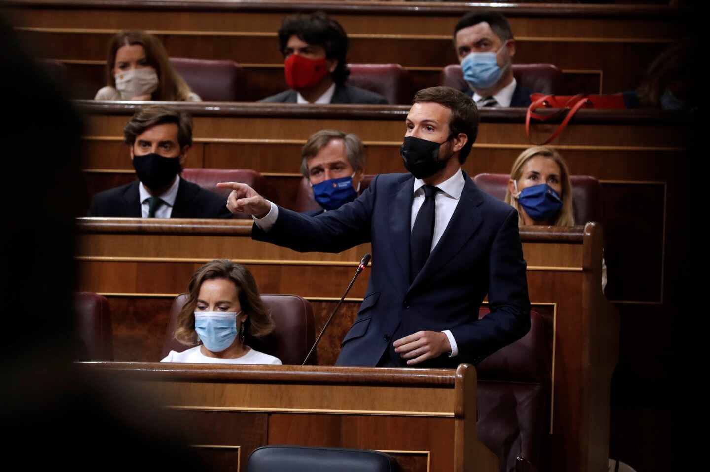 El líder del PP, Pablo Casado, durante su intervención en la sesión de control al Gobierno.