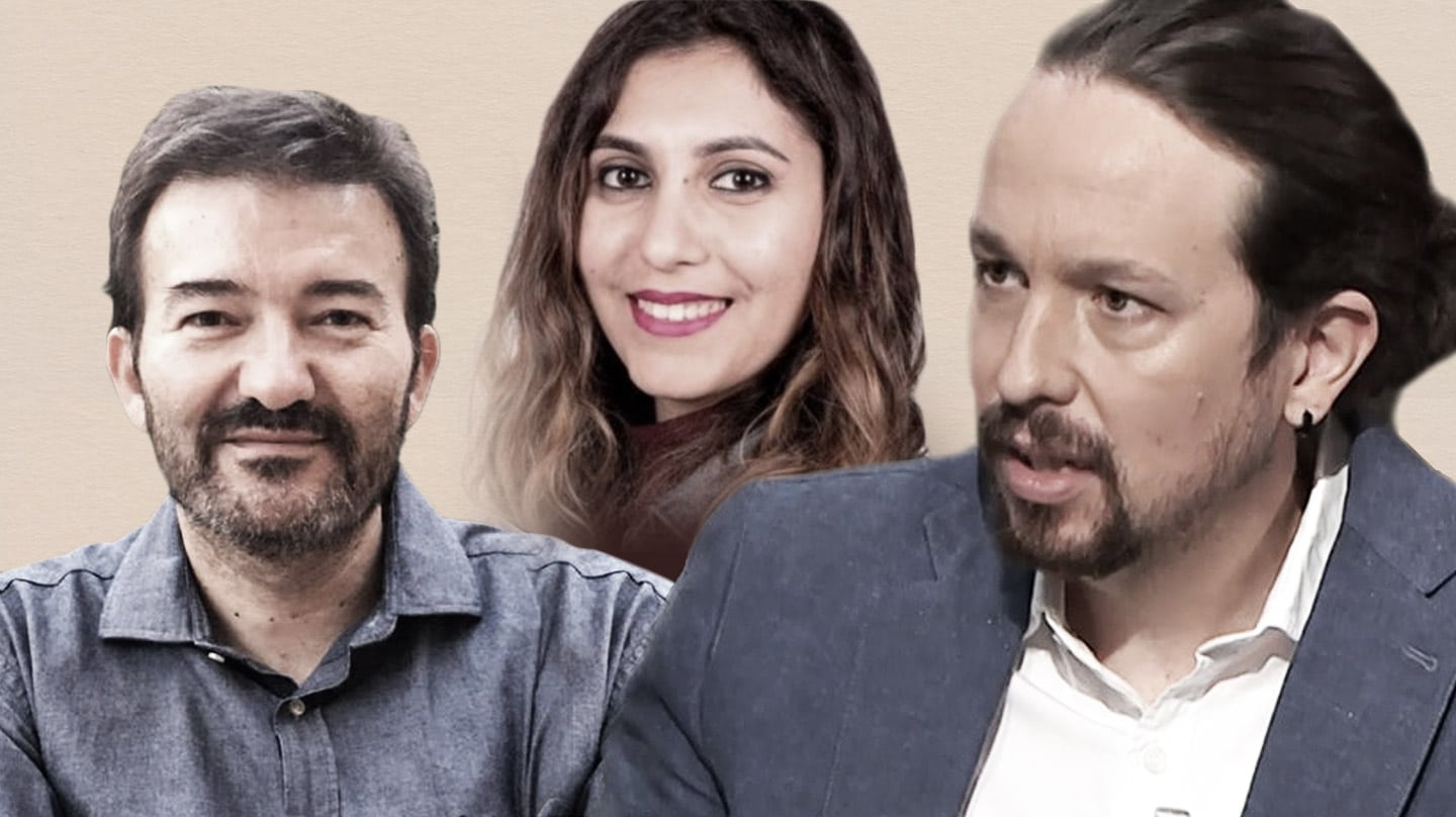 El ex abogado de Podemos, José Manuel Calvente, Dina Bousselham y Pablo Iglesias.